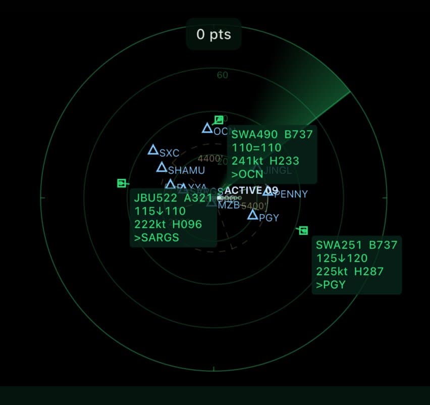 Vectrr ATC simulator live radar scope